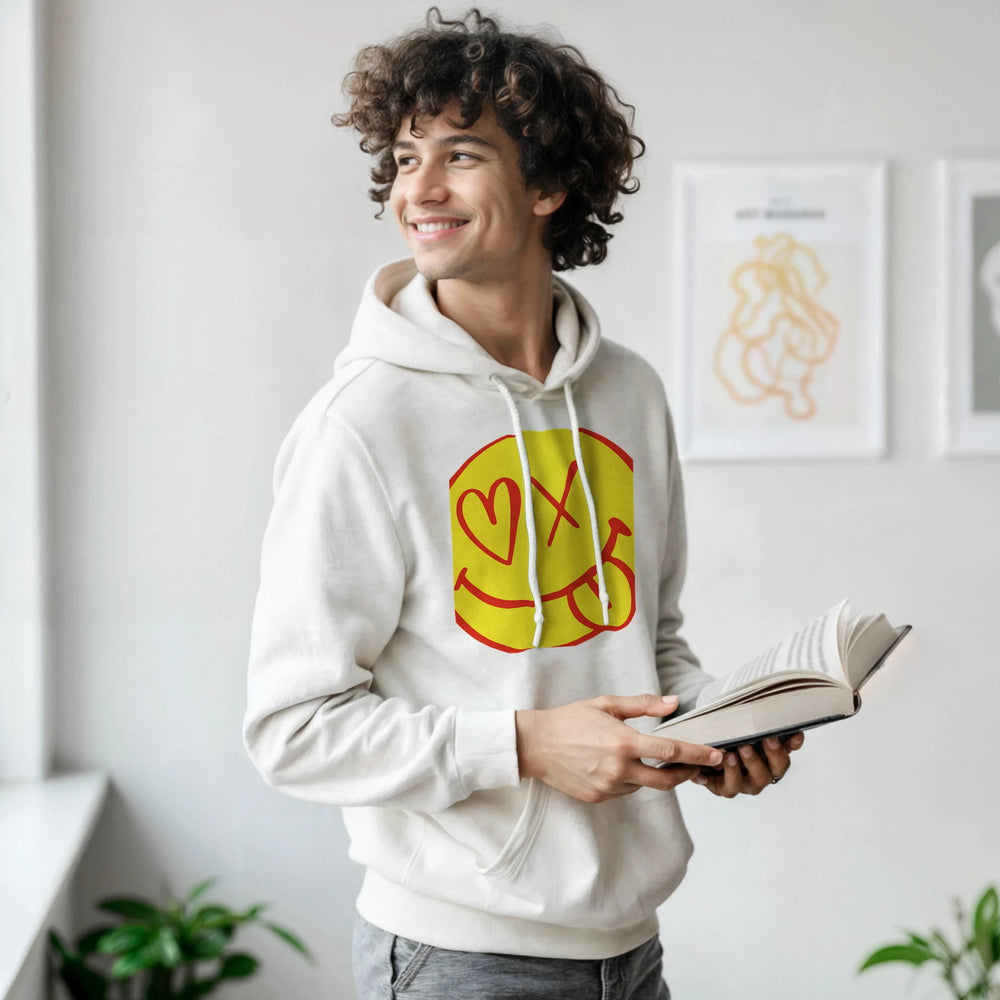 Retro Happy Face Hoodie: Peace, Love & Pop Art Style in Your Favorite Shade